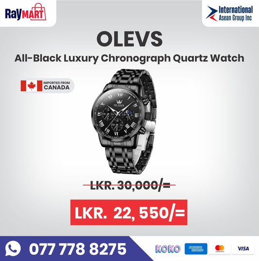 OLEVS All-Black Luxury Chronograph Quartz Watch